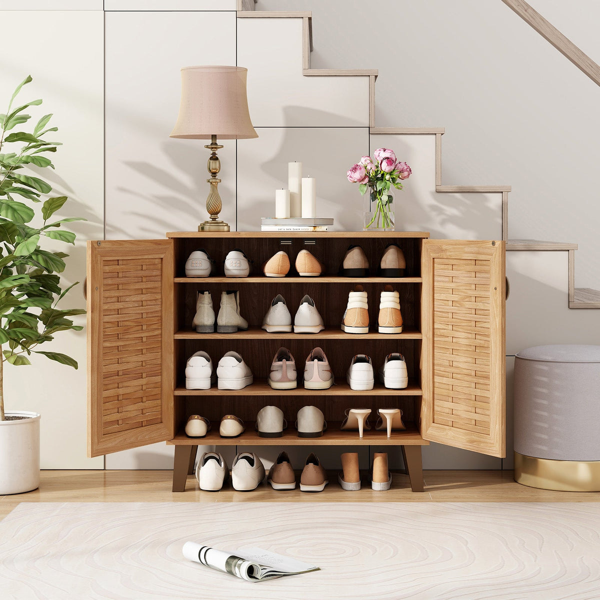 2-Door 4-Tier Shoe Cabinet Storage Organizer with Ventilated Woven Doors-Teak