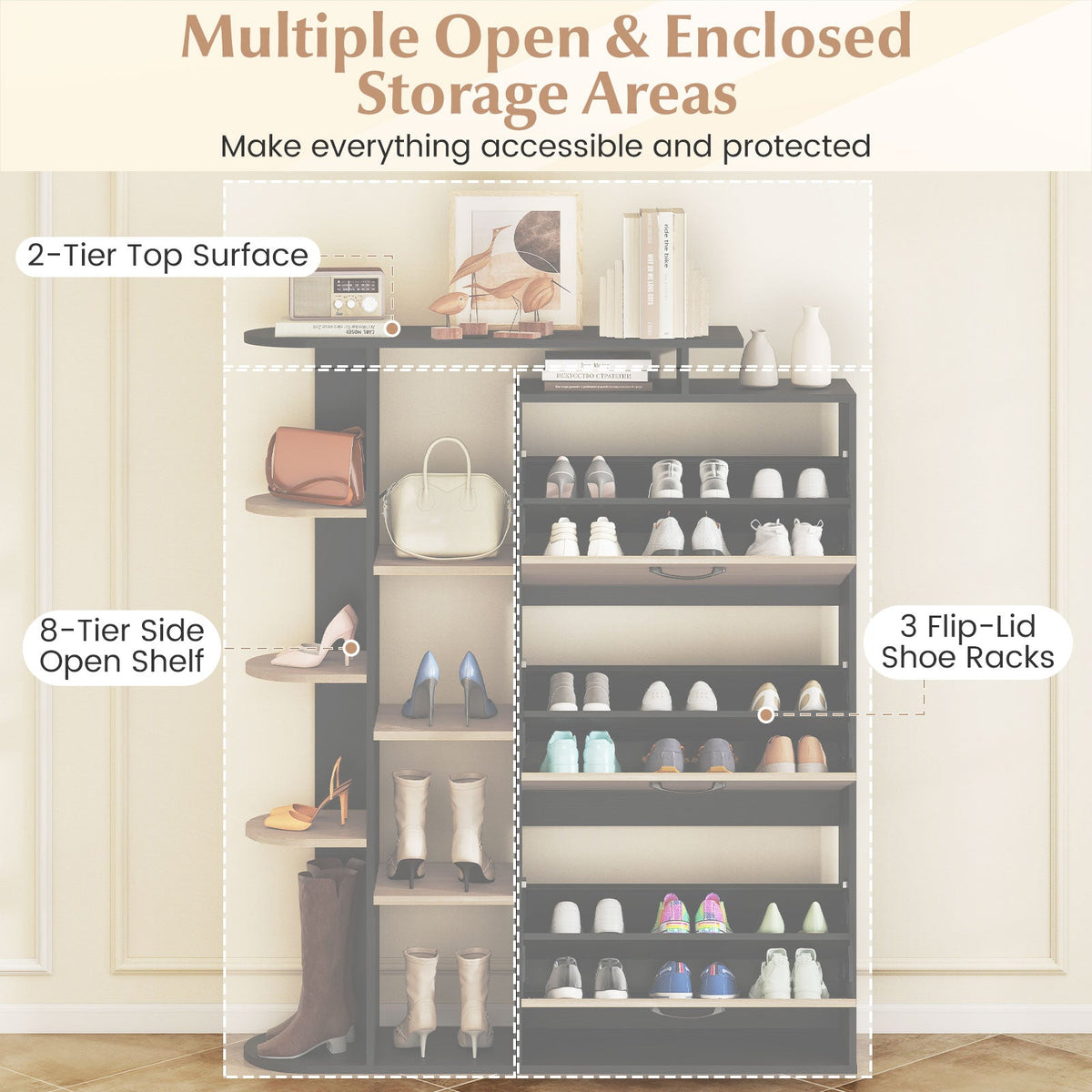 Shoe Cabinet with Open Shelves Modern Shoe Organizer with 3 Flip Drawers