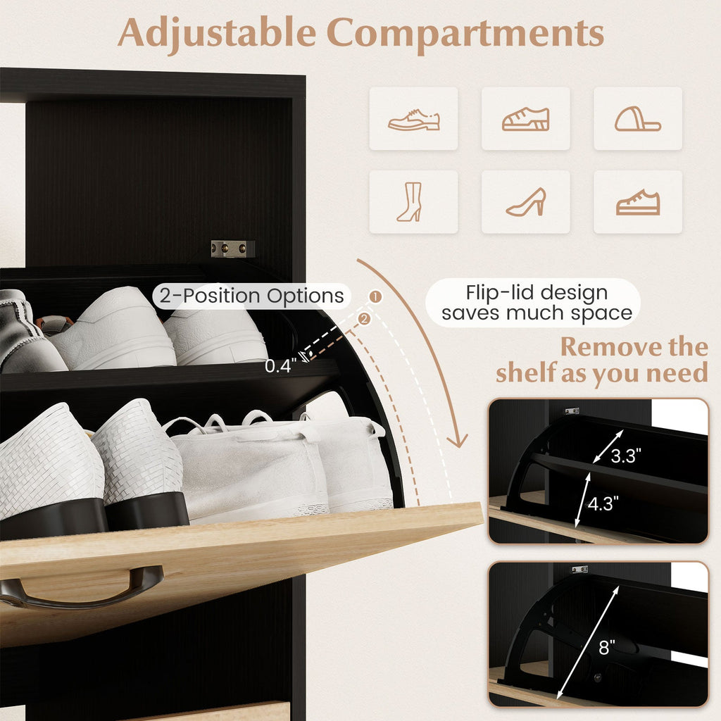 Shoe Cabinet with Open Shelves Modern Shoe Organizer with 3 Flip Drawers